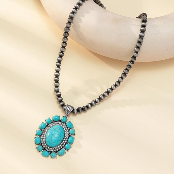 4 PCS Western Turquoise Jewelry for Women Boho Vintage Navajo Pearl Necklace Ear - Picture 3 of 8